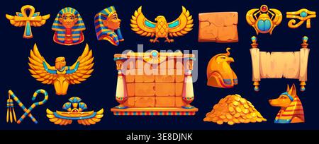 Ancient Egyptian treasures for Egypt game icons and assets, cartoon vector set. Ancient Egypt game elements of pharaoh tomb and pyramid stones, golden money coins and Anubis god with papyrus scroll Stock Vector