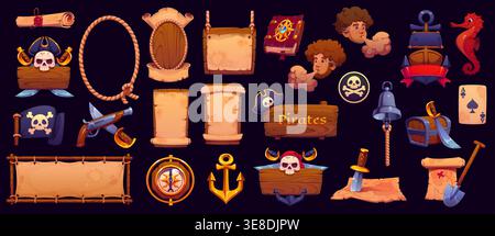 Pirate signboards, frames and heraldry icons, vector piracy. Cartoon old wood boards with corsair ship, captain pirate hats and swords, treasure maps and chest, vintage compass, anchor and rope icons Stock Vector