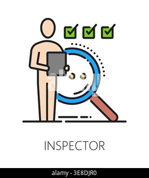 Quality inspector inspection icon or pictogram. Product quality and regulation control color line vector icon. Business inspection outline sign with check marks, magnifying glass and inspector person Stock Vector