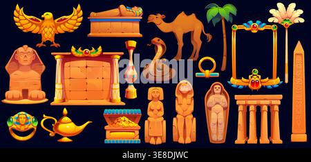 Ancient Egypt game icons asset, vintage egyptian symbols and treasures, vector UI. Cartoon gold pharaoh tomb, mummy, golden scarab frame and chest game icons. Ancient Egypt sphinx and obelisk monument Stock Vector