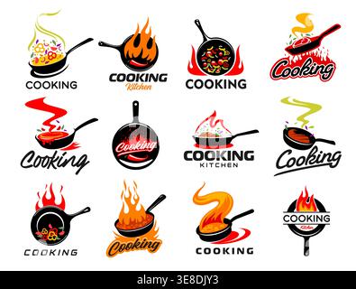 Cook pan icons with frying food and fire, vector kitchen utensils and chef kitchenware. Cooking pan, saucepan, skillet and wok symbols with frying vegetables, hot chili peppers, meat steak and steam Stock Vector