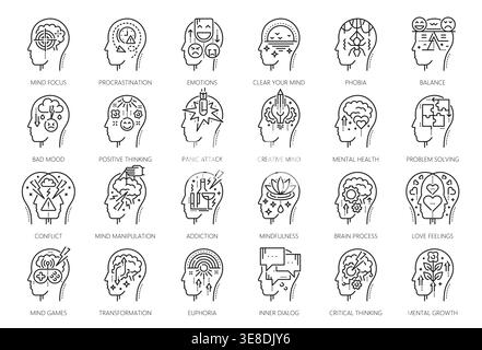 Mental health and psychology problem icons. Line vector signs of emotions, thinking processes, mindfulness, balance, stress and personal growth. Outline symbols for therapy, awareness, brain activity Stock Vector