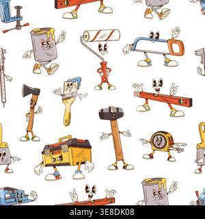 Groovy construction and repair tools seamless pattern. Cartoon vector hammer, saw, roller, brush and level, clamps and toolbox characters with expressive faces across the repeating tile background Stock Vector