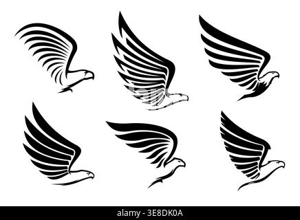 Eagle, falcon and hawk icons with vector silhouettes of flying birds of prey. Eagle head with raised wings and black feathers isolated minimalist art symbols, animal coat of arms heraldic elements Stock Vector