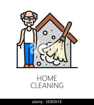 Elderly care service home cleaning color line icon. Elderly help service sign, senior nursing center vector icon. Older person social support and care pictogram with elderly man, broom cleaning dust Stock Vector