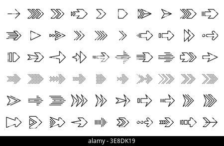 Arrow icons set, vector modern directional symbols. Forward pointers, chevrons, dotted arrows, motion speed lines and app navigation indicators. Monochrome interface web navigation elements, signs set Stock Vector