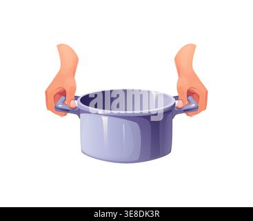 Cooking pot held by two human hands showing cooking process and food preparation. Kitchen metallic saucepan. Cartoon vector isolated home cooking, culinary work and kitchen utensils scene Stock Vector