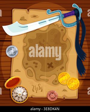 Pirate treasure vintage map with sword across parchment and compass near gold coin. Cartoon vector nautical adventure map with island, mountain, palm and marked cross shows route and hidden chest Stock Vector