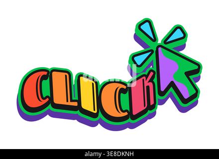Vintage Y2K groovy mouse click sticker or funky label. Funky cool vector label, Y2K 90s patch. Retro nostalgic tag or vintage 2000s sticker with colorful funky typography and mouse pointer arrow Stock Vector