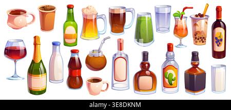 Cartoon drinks or alcohol beverages set. Foamy beer, water, wine and cocktail glass, bubble tea, rum, mate and coffee cup, whiskey or vodka bottle, tequila, milk and juice glass, smoothie, champagne Stock Vector