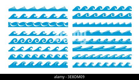 Blue wave borders and divider frames of marine line with sea wave patterns, vector wavy curls. Ocean water splashes with ripples or tide surfs and ocean flow with stormy waves for wave borders Stock Vector