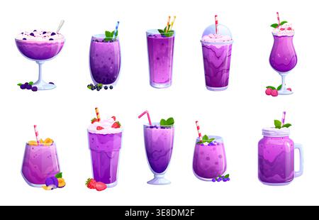 Purple smoothie and milkshake dessert drinks in cocktail, highball and mason jar glasses with straws, whipped cream, mint leaves and fresh blueberry, raspberry, strawberry and plums Stock Vector