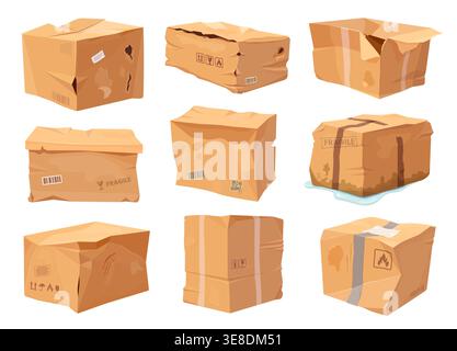 Crumpled and damaged cargo delivery boxes with torn edges and wrinkled surfaces. Cartoon vector broken ripped parcel cardboard package for delivery problems, recycling education materials Stock Vector