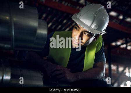 Man, engineer and inspection on construction site for safety maintenance or security control. Male person, contractor or checking pipe in warehouse Stock Photo