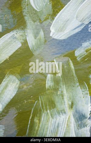 Textured abstract paint background with soft green and blue brushstroke layers on white. Minimal artistic texture with copy space, ideal for banners, Stock Photo