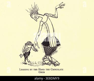 Whimsical line drawing showing a tall, thin, grotesque character with wild hair leading a small, stout creature holding a large key, depicting curiosity, guidance, and fantasy. from The city curious by Boschère, Jean de, 1878-1953; Publication Date 1920 Stock Photo