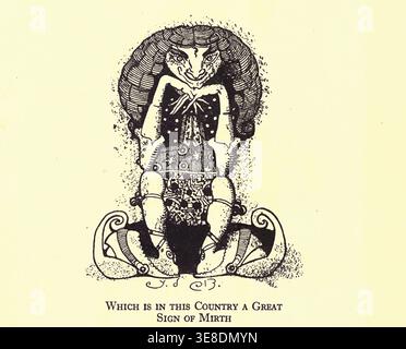 Grotesque imp character sitting on the ground, featuring a wide smile, pointed nose, large curly hair, and curious shoes, depicting a whimsical fantasy creature from a vintage illustration. from The city curious by Boschère, Jean de, 1878-1953; Publication Date 1920 Stock Photo