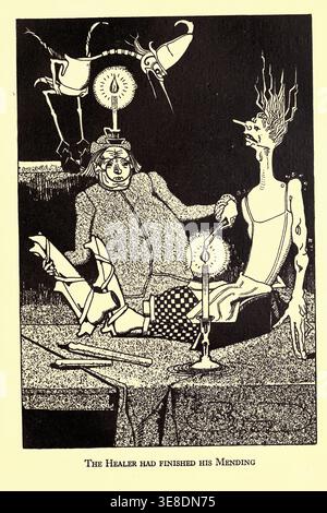 Grotesque healer finishing a mysterious mending process on a thin, curious person with elongated features, illuminating the scene with two lit candles in an evocative vintage illustration. from The city curious by Boschère, Jean de, 1878-1953; Publication Date 1920 Stock Photo