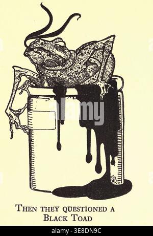 Black toad like creature with distinctive antennae perching on top of an inkwell as dark liquid drips down, illustrating a curious and slightly ominous scene. from The city curious by Boschère, Jean de, 1878-1953; Publication Date 1920 Stock Photo