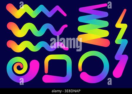 Color gradient abstract shapes. Wavy curved rainbow ribbons. Vector neon colors geometric design elements. Dynamic squiggles zigzag figures. Stock Vector