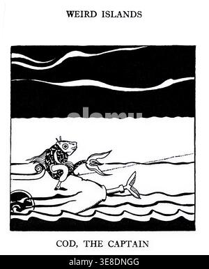 Black and white illustration depicting a fish figure riding on the back of a large sea creature, navigating wavy waters under a dark, stylized sky. from Weird islands by Boschère, Jean de, 1878-1953 Publication date 1921 Stock Photo