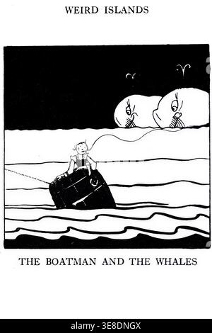 Boatman steers small sailing boat through wavy sea as two humanlike whales emerge from dark water, eerie vintage scene. from Weird islands by Boschère, Jean de, 1878-1953 Publication date 1921 Stock Photo