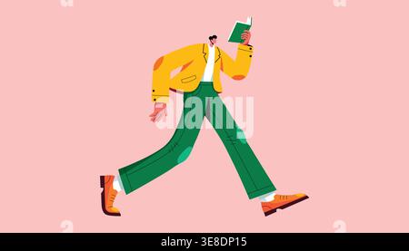 Young man walking while reading book representing learning knowledge focus and personal development concept Stock Vector
