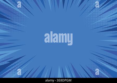 Blue comic speed line background. Dynamic pop art explosion with radial rays and thunder lightning. Blue comic halftone backdrop Stock Vector