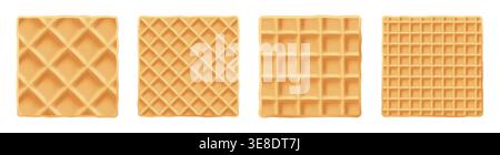 Waffle square cracker, international crepe pancake, stroopwafel icon wafer. Brunch emoji and cream croffle, pattern texture. Realistic dutch belgian Stock Vector