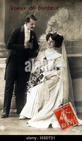 Newlyweds. Wedding greeting postcard. 1920s. Stock Photo