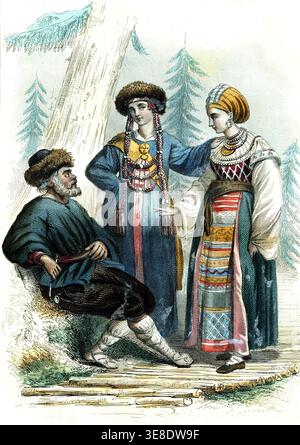Types from the East and Finland: seated Russian peasant, Tatar woman, and Finnish woman. Engraving, 1862 Stock Photo