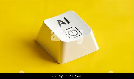 Artificial intelligence start concept, white computer keyboard button featuring AI text, power symbol on bright yellow background, isometric view, mod Stock Photo