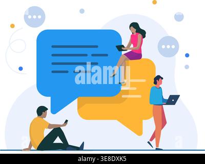 A vibrant flat vector illustration featuring people interacting with large speech bubbles using mobile devices and laptops. Stock Vector