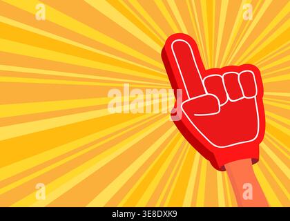 A vibrant red foam finger pointing upward against a yellow sunburst background, symbolizing victory and sports fandom. Stock illustration Stock Vector