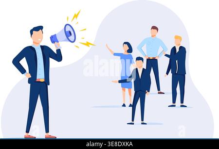 A professional illustration of a confident leader communicating goals to a diverse group of employees, symbolizing effective corporate management. Stock Vector