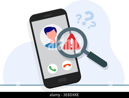 A flat vector illustration showing a smartphone with a warning sign and magnifying glass for scam call identification. Stock Illustration. Stock Vector