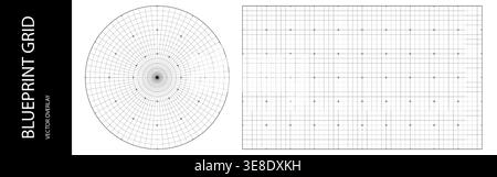 Grid bg paper for line blueprint pattern, circle millimeter compass. Vector graph texture and ruler overlay. Architecture plan grid of mathematics Stock Vector