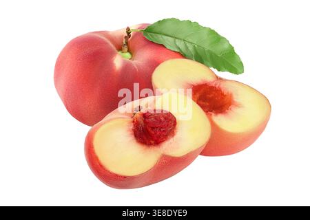 ripe chinese flat peach fruit with leaf isolated on white background Stock Photo