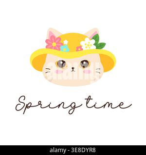 Cute kawaii cat in yellow floral hat with Spring time lettering  vector illustration Stock Vector