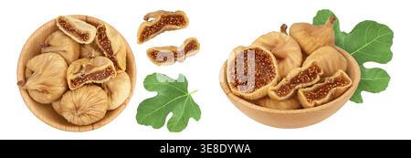 dried fig in wooden bowl isolated on white background with full depth of field. Top view. Flat lay Stock Photo