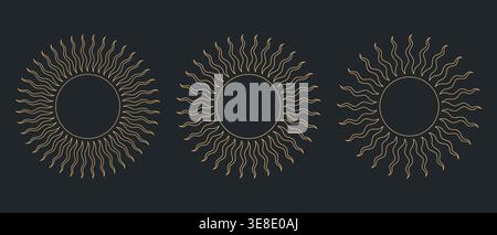 Set of three abstract sun illustrations with varying ray counts, designed in clean geometric line art style. Elegant golden color on dark background c Stock Vector