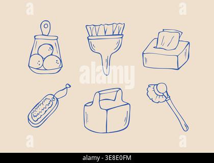 Cleaning Supplies Doodle Set Hand Drawn Household Cleaning Tools Illustration Stock Vector
