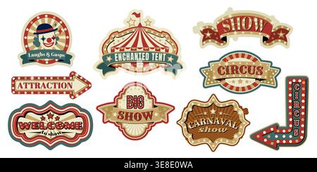 Vintage circus sign or emblems cartoon vector isolated illustrations. Striped red white marquee or tent and clown in retro carnival frame. Classic fair poster design with arrows, decorative banner Stock Vector