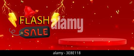 Flash sale podium with electric lightning and thunderbolt. Realistic vector illustration of 3D round platform for mega discount offer, product display with golden confetti, promotional banner design Stock Vector