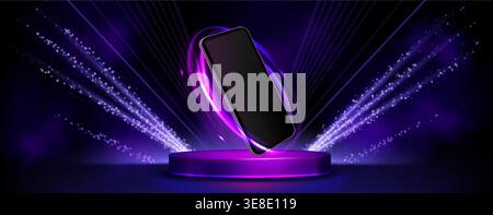 Smartphone mockup on 3D round podium with neon purple glowing ring and spotlights, realistic vector illustration. Glowing tech elements and digital light effects for mobile phone app presentation. Stock Vector