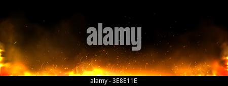 Fire with flying sparks, light of burning flame realistic vector illustration on black background. Dramatic fiery effect with glowing orange particles and smoke, dynamic overlay design element Stock Vector