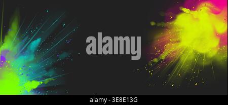 Vibrant powder explosion with multicolor holi pigments bursting in dynamic motion. Realistic vector illustration of festive paint splash border, abstract frame patterns on black background Stock Vector