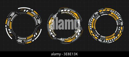 Futuristic round hud interface with circular tech elements and glowing target frames, isolated vector illustration. Abstract icons for cyber game design and sci-fi digital displays Stock Vector