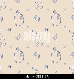 Cleaning supplies seamless pattern hand drawn doodle household hygiene background Stock Vector