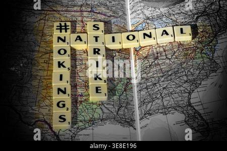 USA #NoKings concept image, National Strike letter tiles on US map, illustrating planned protest action, political dissent and hashtag activism Stock Photo
